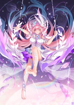 1girl absurdres alternate_breast_size_(larger) armlet bare_shoulders barefoot blue_hair blush breasts closed_mouth commentary commentary_request cyrene_(honkai:_star_rail) cyrene_(ripples_of_past_reverie)_(honkai:_star_rail) dress english_commentary feet floating_hair flower gradient_hair hair_floating_upwards hair_flower hair_ornament highres honkai:_star_rail honkai_(series) huge_breasts jewelry looking_at_viewer mixed-language_commentary multicolored_hair on_swing one_eye_closed outstretched_arm pink_hair purple_flower purple_rose rose smile soles solo swing toes white_dress zekong_pioneer