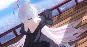 Rule 34 | absurdres, back, bare back, blue archive, choker, cityscape, commentary request, down jacket, from behind, halo, highres, jacket, plana (blue archive), ribbon, white hair, white ribbon, wiersa