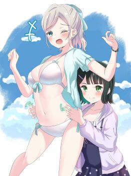+++ 2girls ;d bare_shoulders bikini black_hair blue_bow blue_eyes blue_jacket blue_one-piece_swimsuit blue_sky blunt_bangs blush bow bow_bikini breasts ceras_yanagida_lilienfeld ceras_yanagida_lilienfeld_(swimsuit) cleavage collarbone commentary_request dress_swimsuit feet_out_of_frame flipped_hair frilled_one-piece_swimsuit frilled_sleeves frills gluteal_fold grey_hair hair_ornament hairclip highres jacket katanashi_(ktnsh_popu) large_breasts link!_like!_love_live! love_live! momose_ginko momose_ginko_(swimsuit) multiple_girls official_alternate_costume one-piece_swimsuit one_eye_closed open_clothes open_jacket open_mouth polka_dot_one-piece_swimsuit purple_jacket short-sleeved_jacket short_sleeves side-tie_bikini_bottom sky smile string_bikini swimsuit tearing_up tickling tickling_sides virtual_youtuber white_bikini