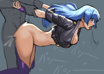 1girl anal angel_(kof)_(cosplay) ass bent_over blue_hair breasts cleavage cosplay heart holding_arms_back kula_diamond large_breasts moaning open_mouth sex sex_from_behind sideboob snk snk_heroines:_tag_team_frenzy the_king_of_fighters tongue tongue_out