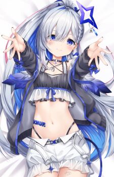 Rule 34 | 1girl, absurdres, amane kanata, amane kanata (lock on), bare shoulders, belt, black choker, black jacket, black sports bra, blue hair, blue halo, blue wings, blush, breasts, choker, closed mouth, collarbone, commentary request, crossed bangs, gradient hair, gradient wings, grey hair, hair between eyes, halo, heart, highres, hololive, jacket, jewelry, long hair, long sleeves, looking at viewer, lying, midriff, mini wings, multicolored hair, multicolored wings, navel, necklace, o-ring, o-ring choker, official alternate costume, on back, parted bangs, purple eyes, reaching, reaching towards viewer, ring, short shorts, shorts, simple background, single hair intake, small breasts, smile, solo, sports bra, star halo, stomach, thigh strap, tilted halo, virtual youtuber, white background, white belt, white hair, white shorts, white wings, wings, yukikawa sara