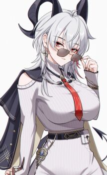 1girl absurdres ahoge black_horns black_jacket black_nails black_tail breasts closed_mouth clothing_cutout commentary_request cowboy_shot curled_horns demon_tail dress earrings fingernails grey_dress grey_hair hair_between_eyes highres horns jacket jacket_on_shoulders jewelry large_breasts light_smile long_fingernails long_hair looking_at_viewer multicolored_hair nail_polish necktie official_alternate_costume red_eyes red_necktie shoulder_cutout solo streaked_hair sweater sweater_dress tail uriuritei wuthering_waves zani_(downtown_repose)_(wuthering_waves) zani_(wuthering_waves)