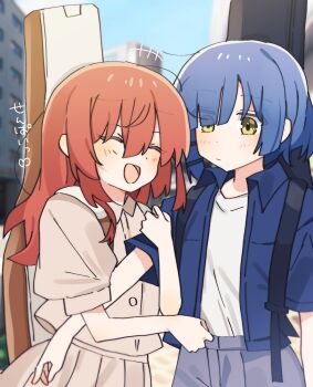 2girls ^_^ arm_hug bag bass_guitar blue_hair blush bocchi_the_rock! buttons city closed_eyes collar collared_jacket collared_shirt couple double_arm_hug guitar guitar_case hair_between_eyes hair_ornament highres holding_another&#039;s_arm hug instrument instrument_case instrument_case_on_back instrument_on_back jacket kita_ikuyo long_hair looking_at_another mole mole_under_eye multiple_girls open_mouth pants red_hair shirt short_hair skirt smile upipi_(udpp522) white_shirt yamada_ryo yellow_eyes yuri