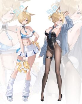 1girl alter_(kxk7357) animal_ear_fluff animal_ears black_leotard blonde_hair blue_archive blue_eyes blue_halo blush breasts cheerleader cleavage commentary_request detached_collar dog_ears full_body hair_over_one_eye halo high_heels highres kanna_(blue_archive) large_breasts leotard long_hair long_sleeves looking_at_viewer loose_socks millennium_cheerleader_outfit_(blue_archive) navel necktie one_eye_covered pantyhose playboy_bunny pom_pom_(cheerleading) rabbit_tail shoes short_hair socks solo sports_bra standing star_(symbol) star_sticker sticker stomach strapless strapless_leotard tail thigh_strap white_shoes white_socks white_sports_bra zoom_layer