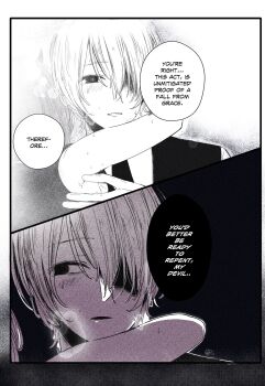 1boy 1girl arima_kana arm_around_neck bare_shoulders commentary english_commentary english_text greyscale hair_over_one_eye hand_on_another&#039;s_back highres hoshino_aquamarine hug looking_at_another looking_at_viewer monochrome open_mouth oshi_no_ko risdelusions short_hair speech_bubble sweat