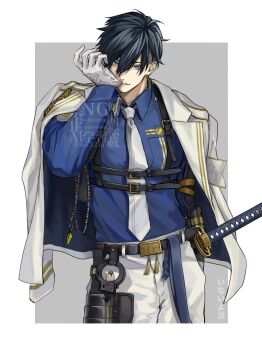 1boy absurdres animal arm_up belt belt_buckle bird black_hair black_jacket blue_eyes border buckle commentary_request cropped_legs cuffs ea32m futasujihi_sadamune glove_in_mouth gloves handcuffs highres holster jacket jacket_on_shoulders katana lapels long_sleeves looking_at_viewer male_focus mouth_hold necktie notched_lapels parted_bangs solo sword thigh_holster touken_ranbu two-sided_fabric two-sided_jacket watermark weapon white_border white_gloves white_jacket white_necktie