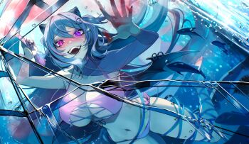 1girl absurdres animal blood blush breasts bubble cleavage_cutout clothing_cutout fangs feet fish grey_hair highres holding holding_weapon indie_virtual_youtuber large_breasts navel nomu_(29_nom) open_mouth pink_hair prison_cell smile soles sprinkle_hershy swimsuit underwater virtual_youtuber water weapon wings yandere_trance