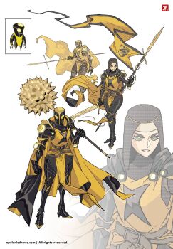 1girl apoloniodraws armor ben_10 black_armor coat electricity full_armor green_eyes highres holding holding_polearm holding_sword holding_weapon long_coat looking_at_viewer megawatt nun polearm spike_ball sword weapon yellow_coat yellow_flag