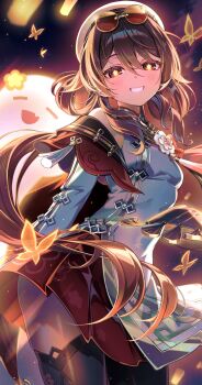 1girl bare_shoulders black_thighhighs boo_tao_(genshin_impact) brown_hair bug butterfly closed_mouth cowboy_shot detached_sleeves dress flower-shaped_pupils genshin_impact goggles goggles_on_head hair_rings hat highres hu_tao_(cherries_snow-laden)_(genshin_impact) hu_tao_(genshin_impact) insect karen_(navy_42) lantern long_hair looking_at_viewer night official_alternate_costume outdoors paper_lantern red_eyes red_goggles red_skirt skirt sky_lantern sleeveless sleeveless_dress smile standing symbol-shaped_pupils thighhighs thighs twintails white_dress white_hat white_sleeves