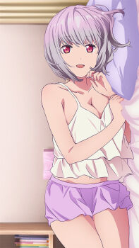 1girl archived_source bedroom breasts camisole cleavage collarbone cowboy_shot frilled_camisole frills game_cg gridman_universe highres indoors large_breasts looking_at_viewer lying midriff_peek navel official_art on_bed on_side open_mouth pillow pink_hair pov_across_bed purple_shorts red_eyes shinjou_akane short_hair shorts smile solo ssss.gridman third-party_source white_camisole