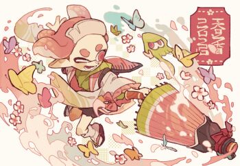 1girl black_shoes black_skirt bow bug butterfly commentary_request floating_hair flower frilled_sleeves frills full_body green_shirt highres holding holding_weapon ink_tank_(splatoon) inkling inkling_(swim_form) inkling_girl inkling_player_character insect jacket long_pointy_ears long_sleeves nintendo okobo one_eye_closed open_clothes open_jacket open_mouth p0m4_p0m4 pink_bow pink_eyes pink_hair platform_sandals pointy_ears recycled_brella_24_(splatoon) sandals shirt shoes short_hair skirt sleeve_bow smile solo splatoon_(series) squid tabi tentacle_hair thick_eyebrows umbrella_gun weapon white_jacket wide_sleeves