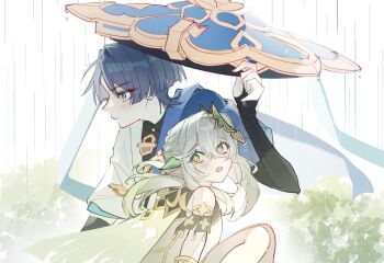 1boy 1girl adam's_apple arm_at_side armlet armor black_bodysuit blue_cape blue_eyes blue_hat blue_sleeves blunt_ends blush bodysuit bridal_gauntlets bright_pupils cape closed_mouth colored_tips cranberry11_207 cross-shaped_pupils crossed_bangs detached_sleeves dress eyelashes eyeliner eyeshadow feathers fingernails genshin_impact gold gold_trim green_cape green_eyes green_hair green_sleeves grey_bridal_gauntlets grey_hair hair_between_eyes hair_ornament half_crown_braid hat holding holding_unworn_clothes holding_unworn_hat japanese_armor jewelry jingasa kote kurokote layered_sleeves leaf leaf_hair_ornament long_hair looking_back looking_to_the_side makeup multicolored_hair nahida_(genshin_impact) notice_lines open_mouth outdoors pointy_ears pom_pom_(clothes) rain red_eyeliner red_eyeshadow scaramouche_(genshin_impact) short_sleeves side_ponytail sidelocks streaked_hair symbol-shaped_pupils tareme teeth tsurime unworn_hat unworn_headwear upper_teeth_only wanderer_(genshin_impact) white_background white_dress white_hair white_pupils white_sleeves yellow_feathers