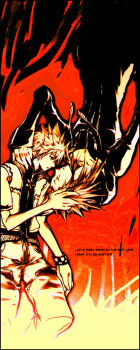 Rule 34 | 2boys, axel (kingdom hearts), black border, black coat, black coat (kingdom hearts), border, checkered clothes, coat, commentary, english commentary, english text, expressionless, facial mark, fire, hair slicked back, hand on another's head, hood, hood down, hooded coat, illbewaiting, jacket, kingdom hearts, kingdom hearts ii, leg up, long coat, long sleeves, male focus, medium hair, multiple boys, no gloves, noses touching, open clothes, open jacket, pants, photoshop (medium), red hair, red theme, rotational symmetry, roxas, short hair, short sleeves, spiked hair, standing, upper body, yaoi