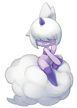 1girl :d cloud colored_skin covered_eyes dazzi facing_viewer grin hair_over_eyes hand_up knee_up monster_girl navel no_pants on_cloud open_mouth palworld petite ponytail purple_skin purple_thighhighs simple_background sitting smile solo strapless swept_bangs thighhighs tosx tube_top unicorn_horn white_background
