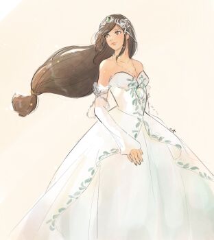 Rule 34 | 1girl, artist name, bare shoulders, breasts, brown eyes, brown hair, closed mouth, cowboy shot, crown, detached sleeves, dress, final fantasy, final fantasy ix, garnet til alexandros xvii, highres, jewelry, long dress, long hair, looking to the side, low-tied long hair, medium breasts, necklace, official alternate costume, papermint tea, simple background, solo, swept bangs, white sleeves