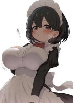 1girl apron arm_at_side backlighting black_hair blush bow bowtie breast_suppress breasts breath brown_eyes center_frills commentary_request cowboy_shot expressionless frills highres huge_breasts long_sleeves looking_at_viewer maid maid_headdress original parted_lips ransusan red_bow red_bowtie simple_background solo sweat tareme translation_request white_apron white_background