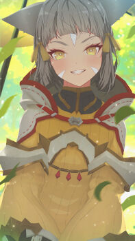 Rule 34 | 1girl, animal ears, arched bangs, blunt bangs, blush, bodysuit, cat ears, facial mark, garry's mod (medium), grey hair, highres, jumpsuit, looking at viewer, nia (xenoblade), photoshop (medium), sculp2, short hair, smile, solo, xenoblade chronicles (series), xenoblade chronicles 2, yellow bodysuit, yellow eyes, yellow jumpsuit