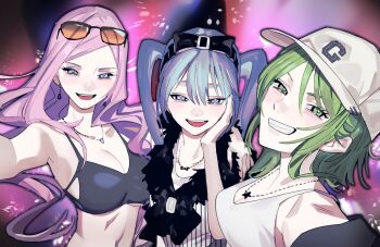 3girls baseball_cap bikini black_bikini black_hairband blue_eyes blue_hair blue_nails bow_hairband breasts cleavage commentary_request earrings eyewear_on_head green_eyes green_hair grin gumi hairband hand_on_own_cheek hand_on_own_face hat hatsune_miku hi-fi_raver_(vocaloid) highres jewelry large_breasts long_hair medium_breasts megurine_luka multiple_girls necklace open_mouth pink_hair purple_eyes raver selfie shirt smile soyaka star_(symbol) star_necklace striped_clothes striped_shirt sunglasses swimsuit tank_top textless_version twintails underboob vocaloid white_hat white_tank_top