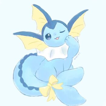 artist_name blue_background blue_eyes blue_theme bow commentary_request full_body gen_1_pokemon nintendo no_humans one_eye_closed open_mouth pokemon pokemon_(creature) pokemon_focus rioon_fish solo tail tail_bow tail_ornament vaporeon