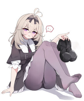 Rule 34 | 1girl, absurdres, antenna hair, black dress, black panties, blush, chinese commentary, commentary request, dress, feet, fengqun, frilled dress, frilled sleeves, frills, frown, grey hair, grey pantyhose, hair intakes, half-closed eyes, highres, holding, holding shoes, holding unworn clothes, knees together feet apart, leg up, legs, looking at viewer, medium hair, meitantei precure!, moria luluka, no shoes, open mouth, panties, panties under pantyhose, pantyhose, precure, purple eyes, shoes, short dress, short sleeves, simple background, sitting, soles, solo, spoken sweatdrop, sweatdrop, toes, underwear, unworn shoes, white background