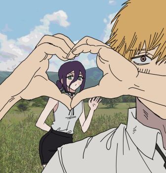 1boy 1girl arm_behind_back aze_chainsawman black_choker black_necktie black_ribbon black_shorts blonde_hair blush breasts brown_eyes chainsaw_man choker collared_shirt denji_(chainsaw_man) green_eyes hair_between_eyes hair_bun heart heart_hands highres medium_hair neck_ribbon necktie outdoors purple_hair reze_(chainsaw_man) ribbon shirt short_hair shorts sleeveless sleeveless_shirt small_breasts updo upper_body waving white_shirt