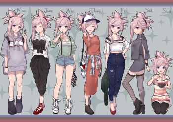 1girl 6+girls :d :o :q ^_^ absurdres arm_behind_back arms_behind_back asymmetrical_hair bag barefoot baseball_cap black_bow black_bra black_footwear black_pants black_ribbon black_scrunchie blue_eyes blue_pants blue_ribbon blue_shorts boots bow bowl bra bra_peek bracelet breasts brown_dress brown_footwear chopsticks cleavage closed_eyes clothes_around_waist collarbone collared_shirt commentary_request contemporary cross cross_necklace dango denim denim_shorts dress dress_shirt earrings eating fate/grand_order fate_(series) food from_side full_body green_jacket green_sweater grey_dress grey_sweater grey_thighhighs hair_between_eyes hair_bow hair_ornament hair_ribbon hair_scrunchie hand_on_own_hip handbag hane_yuki hat head_tilt high_heels highres holding holding_bag holding_bowl holding_chopsticks holding_food holding_jacket holding_unworn_clothes hood hood_down hooded_sweater jacket jewelry kneeling long_dress long_hair long_sleeves looking_at_viewer medium_breasts midriff miyamoto_musashi_(fate) multiple_girls multiple_persona multiple_views nail_polish necklace open_mouth pants pants_under_dress pink_hair print_shirt profile pump pumps red_footwear red_nails red_scrunchie ribbon scrunchie shirt short_dress short_shorts short_sleeves shorts side_slit silver_hair simple_background smile standing stomach striped_clothes striped_dress striped_shirt striped_thighhighs suspender_shorts suspenders sweater sweater_around_waist sweater_dress swept_bangs thighhighs tongue tongue_out torn_clothes torn_pants underwear unworn_jacket vertical-striped_clothes vertical-striped_dress vertical-striped_shirt vertical-striped_thighhighs wagashi watch white_background white_footwear white_shirt white_thighhighs wing_collar wristwatch zettai_ryouiki