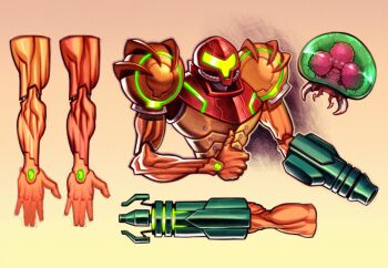 Rule 34 | 1girl, arm cannon, armor, assault visor, highres, metroid, metroid (creature), metroid larva, mlopez.artz, multiple views, nintendo, power armor, power suit (metroid), red armor, samus aran, thumbs up, two-tone armor, varia suit, weapon
