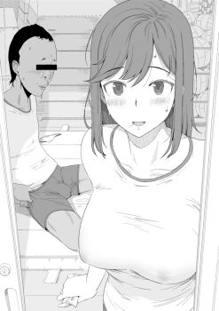 1boy 1girl after_fellatio aftersex blush censored censored_identity covered_erect_nipples dark-skinned_female dark_skin ichijou_hotaru looking_at_viewer nervous nervous_smile nervous_sweating no_bra non_non_biyori smile stray_pubic_hair sweat sweatdrop taito0630 ugly_bastard warehouse