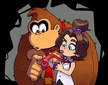 1boy 1girl blue_eyes brown_fur brown_hair discount-supervillain donkey_kong donkey_kong_(series) donkey_kong_bananza eyelashes freckles furry gorilla necktie nintendo pauline_(mario) pauline_(young)_(mario) red_necktie shirt tongue tongue_out