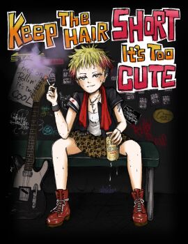 1girl absurdres alcohol arakky arm_tattoo beer beer_can black_jacket blonde_hair blush boots bracelet breasts brown_skirt can cigarette cleavage commentary_request crack cross cross_necklace drink_can electric_guitar english_text eyelashes fender_telecaster graffiti guitar heart heart_print highres holding holding_can holding_cigarette instrument jacket jewelry mixed-language_commentary mole mole_under_eye multicolored_hair necklace open_clothes open_jacket original pink_hair poster_(object) print_skirt punk red_boots shirt shoelaces short_hair short_sleeves signature sitting skirt smile smoke smoking star_(symbol) sweat tattoo towel towel_around_neck undercut very_short_hair white_shirt