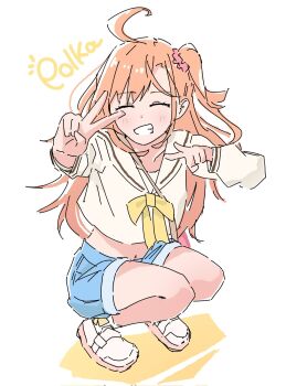1girl ahoge blue_shorts character_name closed_eyes commentary_request denim denim_shorts double_v hair_ornament hair_scrunchie highres ikizulive!_love_live!_bluebird long_hair long_sleeves love_live! midriff orange_hair red_scrunchie ribbon sailor_collar scrunchie shirt shoes shorts side_ponytail smile solo squatting takahashi_polka v white_background white_sailor_collar white_shirt yellow_ribbon yozorapi