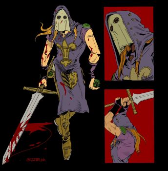 1boy apron ball black_background blonde_hair blood blood_on_clothes blood_on_hands blood_splatter bloody_weapon boots brown_boots commentary_request executioner's_sword executioner_hood fleur-de-lis full_body gyro_zeppeli gyro_zeppeli_(executioner) hatching_(texture) highres holding holding_ball holding_sword holding_weapon holster hood hood_up jjba_kk jojo_no_kimyou_na_bouken long_hair male_focus orange_hair pelvic_curtain purple_apron purple_hood purple_shirt shirt short_sleeves steel_ball_(jojo) steel_ball_run sword weapon white_mask