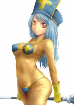 Rule 34 | 1girl, adapted costume, ao usagi, bikini, blue bikini, blue hair, blue hat, blush, bodysuit, breasts, chunsoft, colored eyelashes, covered erect nipples, cross, cross print, dragon quest, dragon quest iii, enix, female focus, gloves, hat, holding behind back, holding polearm, holding polearm behind back, holding weapon, holding weapon behind back, long hair, looking at viewer, mace, mitre, polearm, priest (dq3), red eyes, smile, solo, strap gap, swimsuit, weapon, yellow gloves