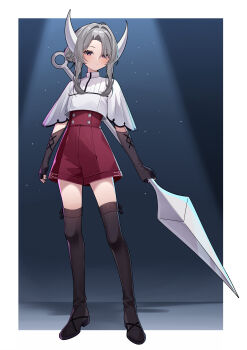 1girl absurdres adapted_costume alternate_costume alternate_eye_color boots commission commissioner_upload crop_top elbow_gloves eyelashes fingerless_gloves full_body gloves hair_bun high-waist_shorts highres holding holding_polearm holding_weapon hollow_knight hollow_knight:_silksong hornet_(hollow_knight) horns humanization long_bangs long_hair long_sidelocks looking_at_viewer non-web_source petite pink_eyes polearm short_sleeves shorts sidelocks simple_background solo thigh_boots thighs wayanfa weapon white_hair