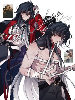 1boy ahoge bandaged_chest bandaged_torso belt biting blade_(elation)_(honkai:_star_rail) blade_(honkai:_star_rail) blue_hair commentary detached_collar double-parted_bangs english_commentary gradient_hair highres honkai:_star_rail honkai_(series) jewelry linel_lin long_hair male_focus multicolored_hair necklace pants red_eyes reference_inset scar signature tassel toned toned_male very_long_hair