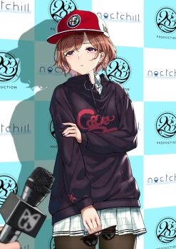 1girl aqua_skirt arm_grab baseball_cap blush brown_hair brown_pantyhose cowboy_shot drawstring hair_ornament hairclip hat higuchi_madoka holding holding_microphone holding_removed_eyewear idolmaster idolmaster_shiny_colors interview long_sleeves looking_at_another microphone miniskirt mole mole_under_eye nail_polish noctchill_(idolmaster) open_mouth out_of_frame pantyhose plaid_clothes plaid_skirt pleated_skirt purple_eyes purple_nails short_hair skirt solo_focus sunglasses sweater swept_bangs touristdw unworn_eyewear