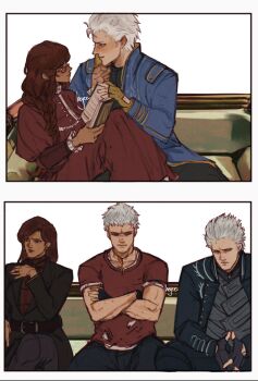 1girl 2boys artist_name blue_eyes blush breasts cleavage closed_mouth coat commentary dark-skinned_female dark_skin devil_may_cry devil_may_cry_(series) devil_may_cry_4 devil_may_cry_5 dress english_commentary family fingerless_gloves gloves hejee highres husband_and_wife jewelry lady_in_red_(devil_may_cry) leather leather_pants long_dress long_hair mature_male mother_and_son multiple_boys nero_(devil_may_cry) pants red_dress short_hair simple_background smile upper_body vergil_(devil_may_cry) white_hair