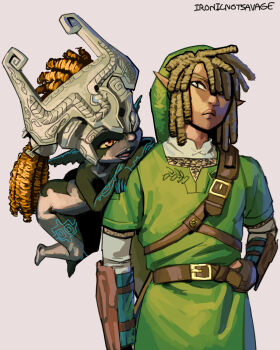 1boy 1girl alternate_hairstyle alternate_skin_color arm_guards black_skin blonde_hair blue_eyes brown_gloves colored_sclera colored_skin commentary dark-skinned_male dark_skin darkened_skin dreadlocks english_commentary fingerless_gloves frown gloves green_hat green_tunic hand_on_another's_shoulder hand_on_own_hip hat helmet_over_one_eye highres imp ironicnotsavage kinky_hair leaning_on_person link long_hair long_pointy_ears looking_at_another looking_to_the_side midna multicolored_skin neon_trim nintendo one_eye_covered open_mouth orange_hair phrygian_cap pointy_ears red_eyes short_hair shortstack smile the_legend_of_zelda the_legend_of_zelda:_twilight_princess tunic two-tone_skin very_dark_skin yellow_sclera