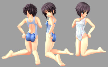 00s 1girl 3d ass barefoot breasts reference_sheet competition_swimsuit feet female_focus full_body kneeling nagato_yuki one-piece_swimsuit polygon_love_2 short_hair silver_hair simple_background soles solo suzumiya_haruhi_no_yuuutsu swimsuit toes yellow_eyes