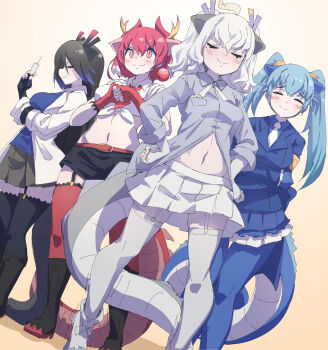 4girls absurdres animal_ears black_boots black_dragon_(kemono_friends) black_gloves black_hair black_shorts black_skirt black_thighhighs blue_dragon_(kemono_friends) blue_gloves blue_hair blue_jacket blue_pantyhose blue_shirt blue_skirt blush boots bow bowtie closed_eyes coat collared_shirt dragon_ears dragon_girl dragon_horns dragon_tail elbow_gloves fingerless_gloves frilled_gloves frilled_skirt frilled_sleeves frilled_thighhighs frills garter_straps gloves gradient_hair grey_shirt hair_between_eyes hair_over_one_eye hands_on_own_hips highres horns jacket kemono_friends lab_coat long_hair long_sleeves lowlandgorilla midriff_peek multicolored_hair multiple_girls navel necktie open_clothes open_coat pantyhose pleated_skirt red_dragon_(kemono_friends) red_gloves red_hair red_necktie red_thighhighs shirt short_hair short_shorts short_twintails shorts sidelocks skirt smile syringe tail thighhighs tied_shirt twintails white_boots white_bow white_bowtie white_coat white_dragon_(kemono_friends) white_gloves white_hair white_necktie white_shirt white_skirt white_thighhighs zettai_ryouiki