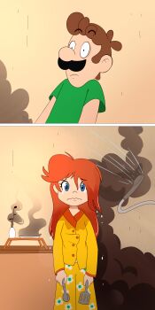 2koma blue_eyes breakfast brown_hair comic cooking crying crying_with_eyes_open dhesomix facial_hair flower kitchen luigi mario_(series) mustache nintendo pajamas princess princess_daisy sad shirt spatula tears wet