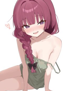 1girl black_bow blunt_bangs blush bocchi_the_rock! bow breasts cleavage collarbone commentary_request dress green_dress hair_bow heart highres hiroi_kikuri korean_commentary long_braid long_hair looking_at_viewer medium_breasts peacem4ker red_eyes red_hair sharp_teeth simple_background sitting sleeveless sleeveless_dress smile solo strap_slip teeth thighs white_background