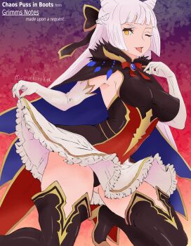 Rule 34 | 1girl, black boots, black panties, boots, breasts, chaos puss in boots (grimms notes), gloves, grimms notes, large breasts, panties, sideboob, smurferoka, solo, underwear, white gloves, white hair, yellow eyes