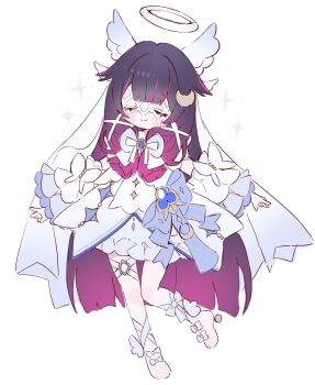 Rule 34 | 1girl, barefoot, black hair, blue bow, blue gem, blush, bow, brooch, chibi, closed eyes, columbina (genshin impact), commentary request, crescent, crescent hair ornament, crescent moon, dress, eye mask, feathered wings, frilled dress, frilled sleeves, frills, full body, gem, genshin impact, gold trim, hair ornament, hair ribbon, halo, highres, jewelry, koronothu, leg ribbon, mask, moon, pink hair, ribbon, see-through clothes, see-through mask, solo, sparkle, thigh strap, veil, white background, white bow, white dress, white ribbon, wing hair ornament, wings