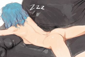 1girl ass berserk blue_hair breasts butterchalk commentary completely_nude couch isma lying median_furrow medium_breasts medium_hair nude on_couch on_stomach pussy pussy_peek sleeping solo zzz