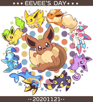 animal_focus black_eyes black_fur blue_eyes blue_fur border bow brown_border brown_eyes brown_fur catsbell chibi commentary dated eevee espeon facial_mark fins fish_tail flareon fluffy forehead_jewel forehead_mark full_body gen_1_pokemon gen_2_pokemon gen_4_pokemon gen_6_pokemon glaceon green_fur head_fins jolteon leaf leafeon looking_at_viewer neck_fur nintendo no_humans one_eye_closed open_mouth orange_fur pawpads pink_fur pokemon pokemon_(creature) pokemon_focus purple_eyes purple_fur red_eyes ribbon sidelocks simple_background spiked_tail standing sylveon symbol-only_commentary tail umbreon vaporeon white_background white_fur yellow_fur