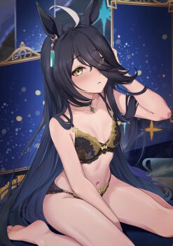 1girl absurdres ahoge animal_ears barefoot black_bra black_hair black_panties blush bra breasts commentary_request ear_ornament hair_between_eyes highres horse_ears horse_girl horse_tail kiri_kiri lace lace-trimmed_bra lace-trimmed_panties lace_trim long_hair long_hair_between_eyes looking_at_viewer manhattan_cafe_(umamusume) multicolored_hair navel panties sitting small_breasts solo stomach streaked_hair tail thighs toes umamusume underwear wariza white_streaks yellow_eyes