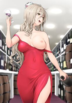 1girl absurdres ahoge blonde_hair bottle breasts collarbone commentary_request commission covered_navel cup dress drinking_glass drunk hat highres holding holding_bottle holding_cup indoors kantai_collection kasu_(kasunohikari) long_hair looking_to_the_side medium_breasts mini_hat nipples pola_(kancolle) red_dress sleeveless sleeveless_dress solo strap_slip thighs walking wavy_hair white_hat wine_glass