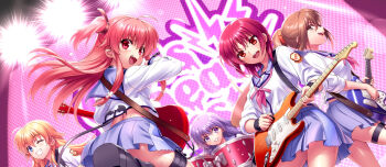 Rule 34 | 5girls, :d, ;d, ahoge, angel beats!, blonde hair, blue eyes, blue skirt, blush, brown eyes, brown hair, concert, convenient leg, cowboy shot, dutch angle, electric guitar, eyes visible through hair, floating hair, girls dead monster, grin, guitar, hair between eyes, highres, hisako (angel beats!), holding, holding guitar, holding instrument, instrument, irie miyuki, iwasawa masami, long hair, long sleeves, looking at viewer, looking back, medium hair, midriff, miniskirt, multiple girls, music, neckerchief, one eye closed, open mouth, paid reward available, pink hair, pink neckerchief, playing guitar, playing instrument, pleated skirt, ponytail, profile, purple eyes, purple hair, red eyes, red hair, sekine shiori, shinda sekai sensen uniform, shirt, sidelocks, skirt, smile, sweat, sweatdrop, tareme, teeth, two side up, upper teeth only, v-shaped eyebrows, white shirt, yui (angel beats!), zen (kamuro)