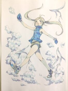 1girl blonde_hair blue_gloves blue_shoes blue_vest cloud commentary creature floating floating_hair flying from_below full_body gloves highres jacket long_hair looking_to_the_side open_mouth original peter_salt shoes short_shorts shorts sleeveless sleeveless_jacket smile solo traditional_media turtleneck turtleneck_jacket twintails vest walking walking_on_air yellow_shorts zipper